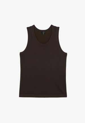 Tmavohnedé rebrované pletené tielko bez rukávov s okrúhlym výstrihom, položené na bielom pozadí.