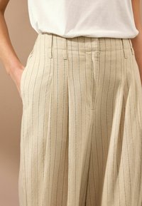 Beige plissierte Hose aus strukturierter Stoff, mit vertikalen blauen Streifen, seitlichen Taschen und einem klassischen Taillendesign.