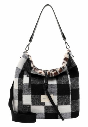Sac à épaule à carreaux noir et blanc avec doublure en fourrure imprimée léopard, poche zippée à l'avant et bandoulière noire réglable.