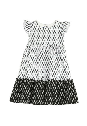 Weißes Kleid mit schwarzem Blumenmuster, kurzen, flatternden Ärmeln und einem gestuften schwarzen Volant-Saum. Mit einem Knopfverschluss am Rücken.