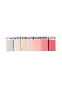 Acht paar enkelsokken in tinten grijs, crème, perzik en roze, met een witte band waarop de tekst "women's secret" staat.