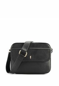 Czarna skórzana torebka crossbody o teksturowanej powierzchni, prostokątnym kształcie, złotych akcentach i regulowanym pasku. Posiada zapięcie na klapkę.