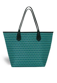 Taška na rameno vyrobená z teal vzorovaného materiálu s geometrickými tvarmi. Obsahuje dva čierne kožené úchyty a má štruktúrovaný obdĺžnikový dizajn.