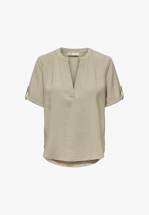 Beige kortærmet bluse med V-hals og oprollende manchetter. Fremstillet i et glat stof med en løs pasform og en buet kant.