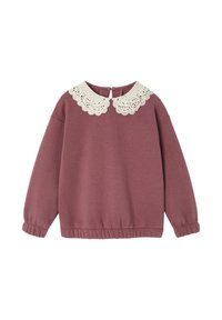 Bordeauxrotes Sweatshirt mit einem gewellten weißen Spitzenkragen, langen Ärmeln und einem gerafften Saum. Verfügt über einen Rückenverschluss. Weicher Stoff.