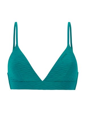 Turkoois driehoek-bralette van gestructureerde stof, met dunne verstelbare bandjes en een brede band aan de onderkant. Geen zichtbare metalen onderdelen.