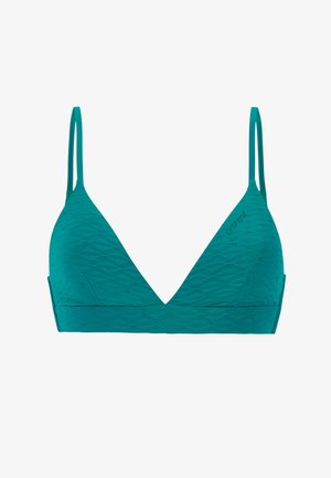Brassière triangle bleu sarcelle en tissu texturé, dotée de fines bretelles réglables et d'une large bande en bas. Aucun élément métallique visible.