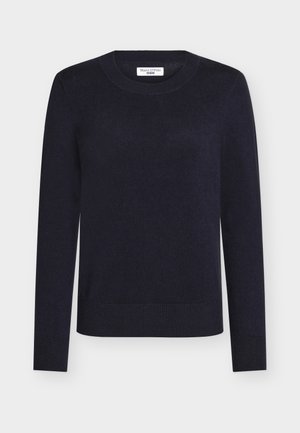 Tmavě modrý pletený svetr s kulatým výstřihem, dlouhými rukávy a žebrovanými manžetami a lemem. Vyroben z měkké látky pro pohodlné nošení.