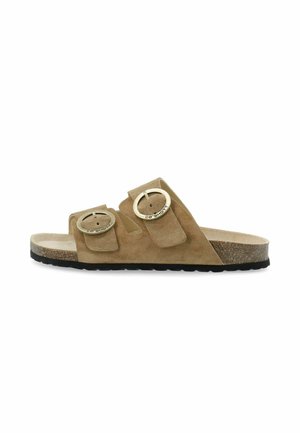 Suede slide sandals in light brown with two decorative buckles and a cork footbed; rubber sole for traction and comfort.