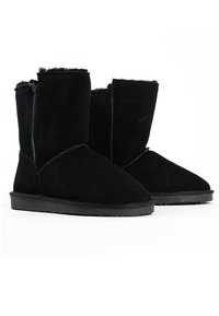 Stivaletti neri in suede con fodera in pelliccia, dotati di cerniera laterale, suola in gomma piatta e superficie liscia. Design minimalista senza motivi.