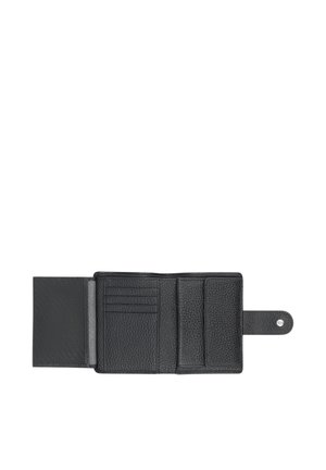 Black leather trifold wallet with snap closure, three card slots, a mesh ID window, and a small coin pouch on a white background.