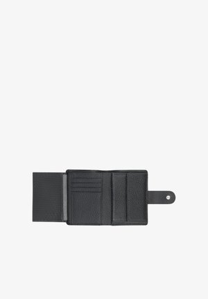 Black leather trifold wallet with snap closure, three card slots, a mesh ID window, and a small coin pouch on a white background.