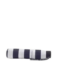 Compact umbrella featuring navy and white stripes, a plastic handle, and a fabric cover with a logo tag. Foldable design for portability.