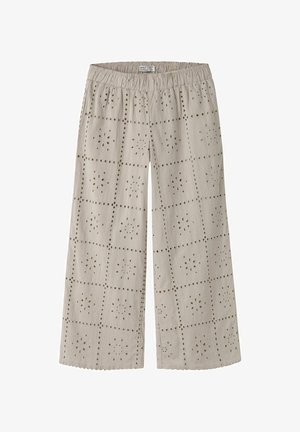 Pantalon beige à jambes larges avec taille élastique et broderie œillets florale en motif quadrillé, réalisé en tissu léger.