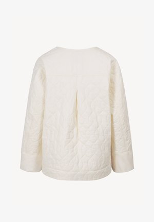 Biała pikowana kurtka z długim rękawem, z mankietami i plisą na środku pleców, widziana od tyłu.