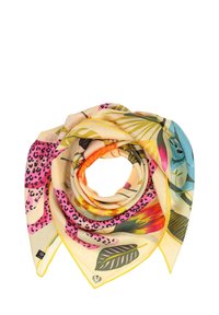 Foulard di seta con una stampa floreale e animale in colori vivaci, tra cui rosa, giallo e verde, con un bordo giallo a contrasto.