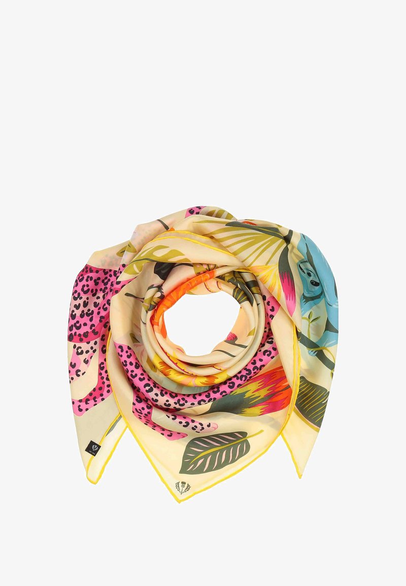 Zijden sjaal met een bloemen- en dierenprint in levendige kleuren, waaronder roze, geel en groen, met een contrasterende gele rand.