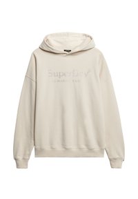 Sudadera beige con cordón, que presenta un logo texturizado de "SuperDry" en ligeros brillantes en la parte delantera. Material suave de algodón.