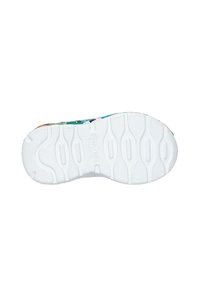 Suola di sneaker multicolore con base in gomma bianca, caratterizzata da scanalature flessibili e un logo impresso sul battistrada.