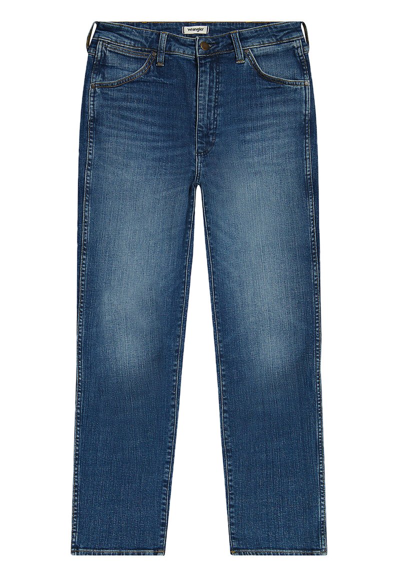 Denim jeans in dark blue, featuring a straight leg design, front pockets, and a button closure. Light fading on the thighs and knees.