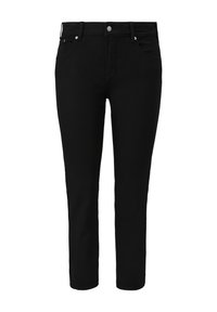 Zwarte denim skinny jeans met een gladde textuur, standaard vijf-pocket ontwerp en zilveren hardware bij de knoop en rits.