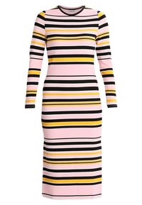 Abito a maniche lunghe in maglia a coste con righe orizzontali nei colori rosa, nero, giallo e bianco. Silhouette aderente, scollatura rotonda e lunghezza a metà polpaccio.