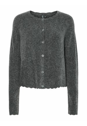 Šedý krátký kardigan z měkké látky, který má vroubkovaný lem, dlouhé rukávy a pět knoflíků vpředu s kulatým výstřihem.