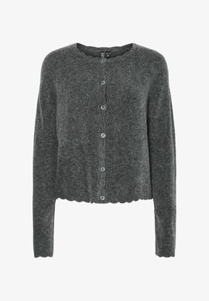 Šedý krátký kardigan z měkké látky, který má vroubkovaný lem, dlouhé rukávy a pět knoflíků vpředu s kulatým výstřihem.