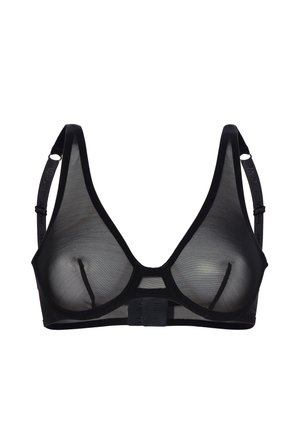 Zwarte doorschijnende beha met een driehoekige vorm, zachte stof, dunne verstelbare bandjes en een vlakke haak-en-oogsluiting aan de achterkant.