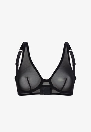 Reggiseno nero trasparente con forma triangolare, tessuto morbido, spalline sottili e regolabili, chiusura piatta a gancetto sul retro.