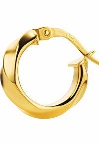 Zlatna kru�žna naušnica s upečatljivim dizajnom, glatkom površinom i sigurnim kopčanjem. Oznake vidljive na zakovici. Elegantan i minimalistički oblik.