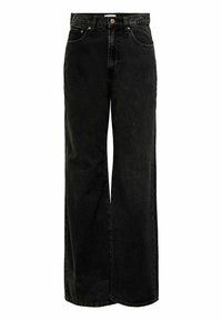 Jeans de pierna ancha negros, hechos de mezclilla, con cintura alta, bragueta con cremallera y dos bolsillos frontales, con detalles de costura sutil.