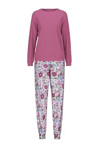Roze langemouwen top gecombineerd met bloemenpatroonbroek met roze, blauwe en groene bloemen op een lichte achtergrond. Zachte stoftextuur.