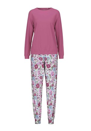 Roze langemouwen top gecombineerd met bloemenpatroonbroek met roze, blauwe en groene bloemen op een lichte achtergrond. Zachte stoftextuur.