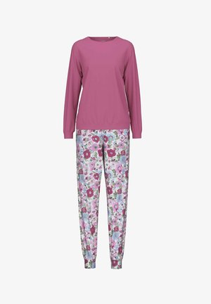 Top rosa a maniche lunghe abbinato a pantaloni con stampa floreale che presenta fiori rosa, blu e verdi su uno sfondo chiaro. Tessuto morbido.