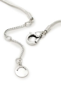 Silver chain with a lobster clasp, featuring a circular tag inscribed with "ALLSAINTS." Smooth texture and sleek design.