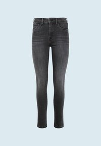 Vaqueros ajustados en denim gris oscuro con una textura suave, cintura alta, bolsillos frontales y detalles de desgaste sutiles.