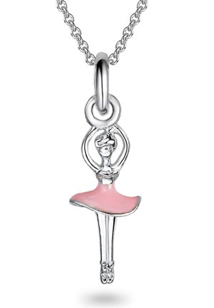 Silberne Ballerina-Anhänger mit rosa Emaille-Rock, mit einem detaillierten Design und einer zarten Kette. Misst ungefähr 3 cm in der Höhe.