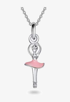 Colgante de bailarina de ballet de plata con falda de esmalte rosa, que presenta un diseño detallado y una delicada cadena. Mide aproximadamente 3 cm de altura.