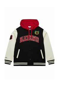 Schwarzes Blackhawks-Hoodie mit schwarzem Körper, weißen Ärmeln, roter Kapuze, gestreiften Bündchen, Druckknöpfen und gesticktem Teamlogo auf der Brust und dem Ärmel.