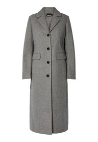 Dlouhý šedý vlněný kabát s černými knoflíky, klopovým límcem, dvěma předními kapsami s klopami a dlouhými rukávy.