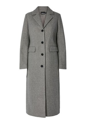 Long manteau en laine gris avec boutons noirs, col cranté, deux poches avant à rabat et manches longues.