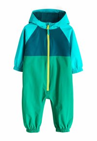 Costum de ploaie strălucitor în culori teal și verde, cu glugă, fermoar frontal, manșete elastice și design color-block cu accente în albastru închis.