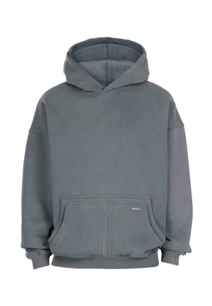 Übergroßer grauer Kapuzenpullover mit vorderer Kängurutasche sowie gerippten Bündchen und Saum, auf einem weißen Hintergrund dargestellt.