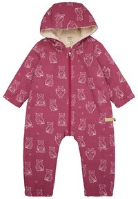 Tuta monopezzo bordeaux con stampa di gufo bianca, chiusura con zip e cappuccio accogliente foderato in materiale morbido. Polsini alle caviglie per il calore.