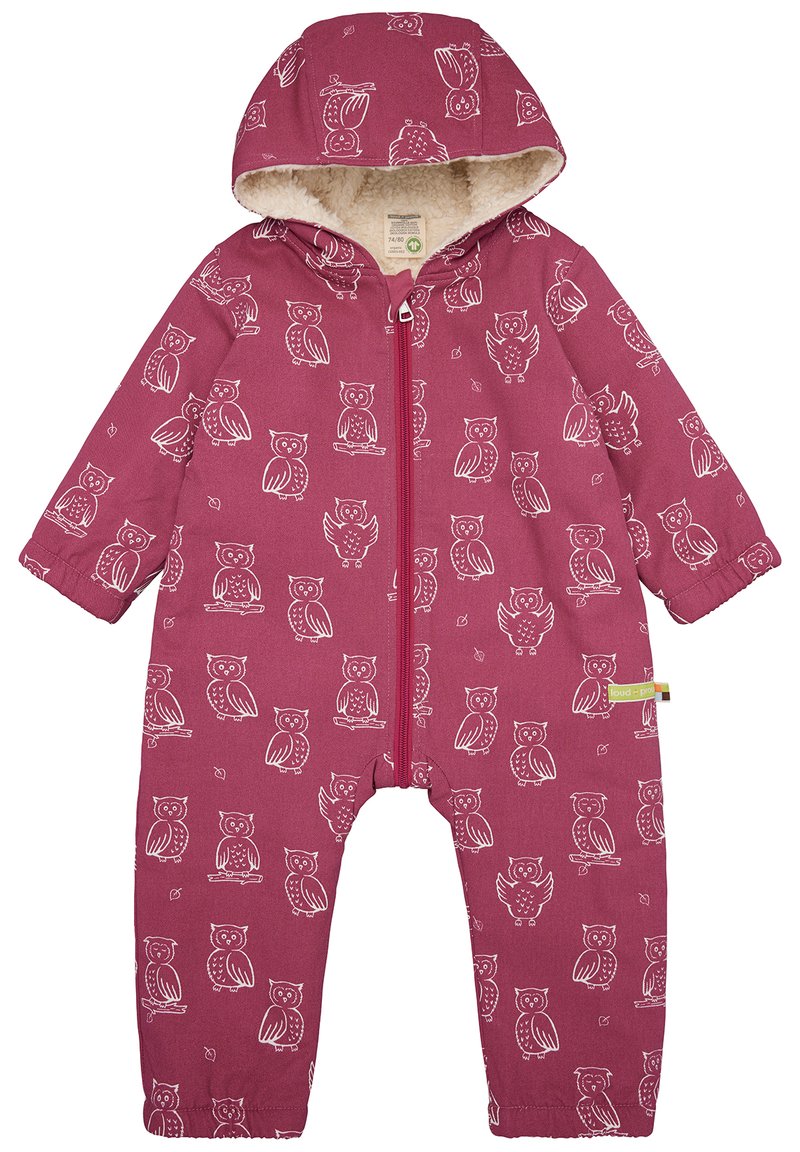 Tuta monopezzo bordeaux con stampa di gufo bianca, chiusura con zip e cappuccio accogliente foderato in materiale morbido. Polsini alle caviglie per il calore.
