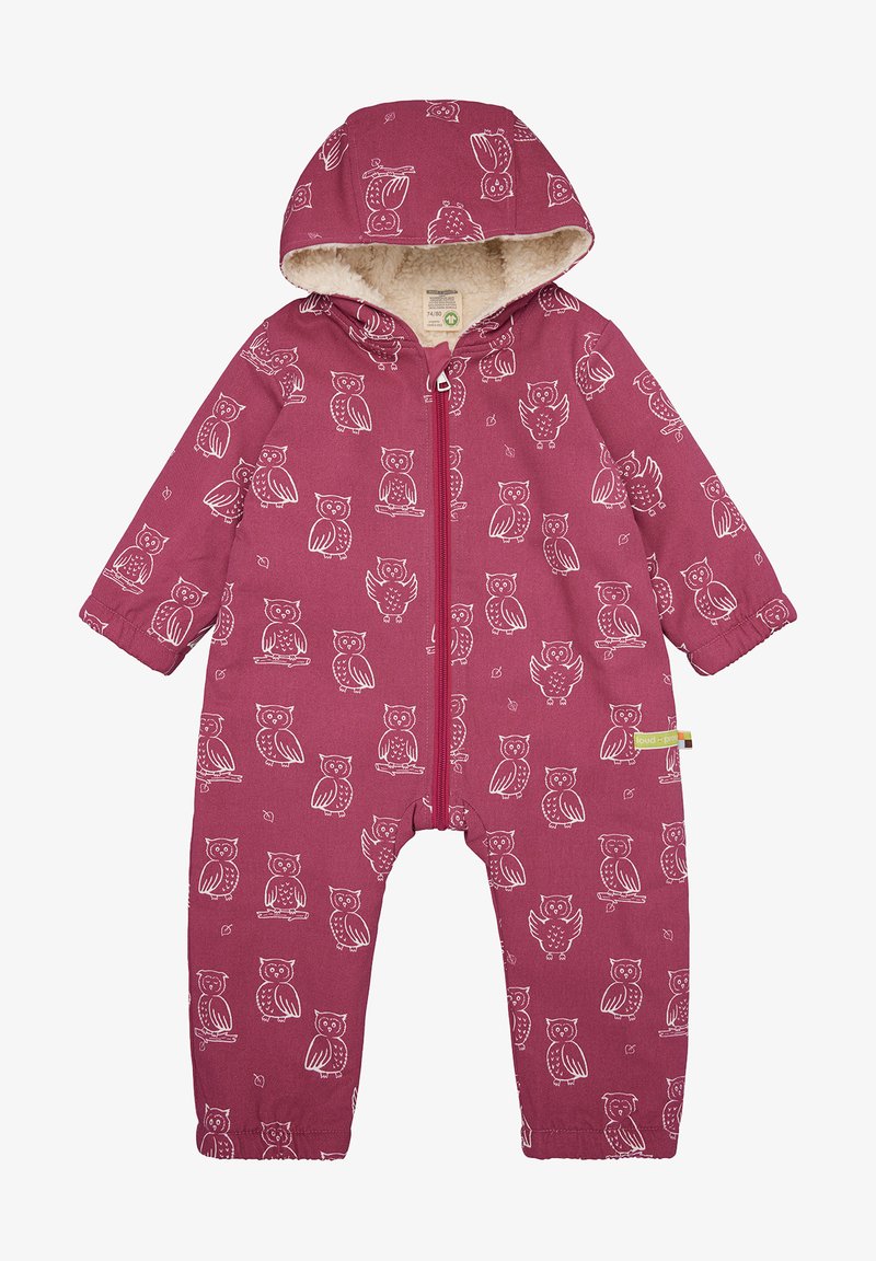 Tuta monopezzo bordeaux con stampa di gufo bianca, chiusura con zip e cappuccio accogliente foderato in materiale morbido. Polsini alle caviglie per il calore.