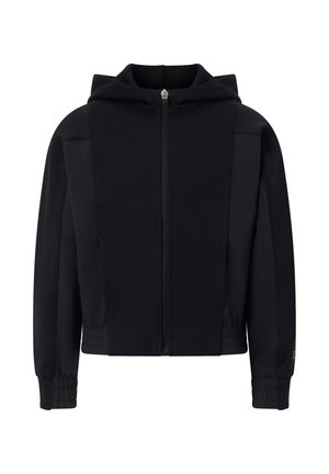 Zwarte hoodie met ritssluiting, elastische manchetten, zijpanelen en een voorste ritssluiting.