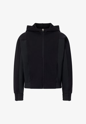 Sweat à capuche noir zippé avec poignets élastiques, détails sur les panneaux latéraux et fermeture éclair à l'avant.