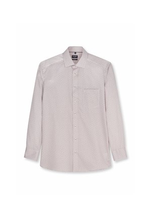Overhemd met lange mouwen en knopen, met klein geometrisch patroon, spreidkraag en borstzak, plat weergegeven op een witte achtergrond.